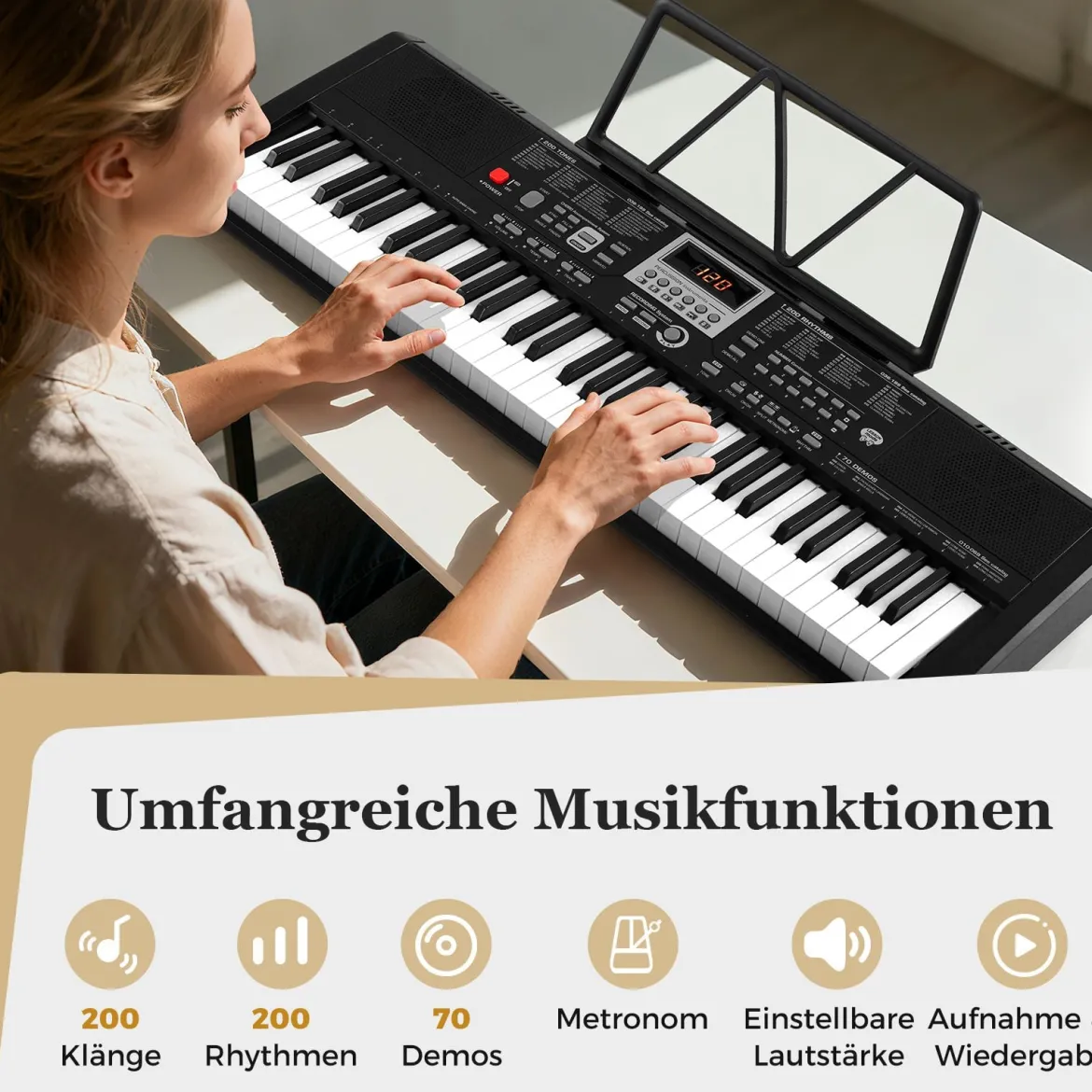 61 Tasten Tragbares Keyboard mit 200 Rhythmen & 200 Klangfarben Elektronisches Klavier Schwarz