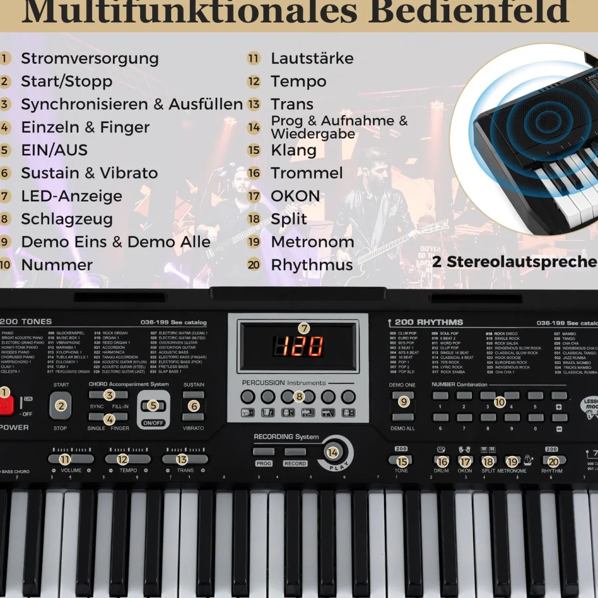 61 Tasten Tragbares Keyboard mit 200 Rhythmen & 200 Klangfarben Elektronisches Klavier Schwarz
