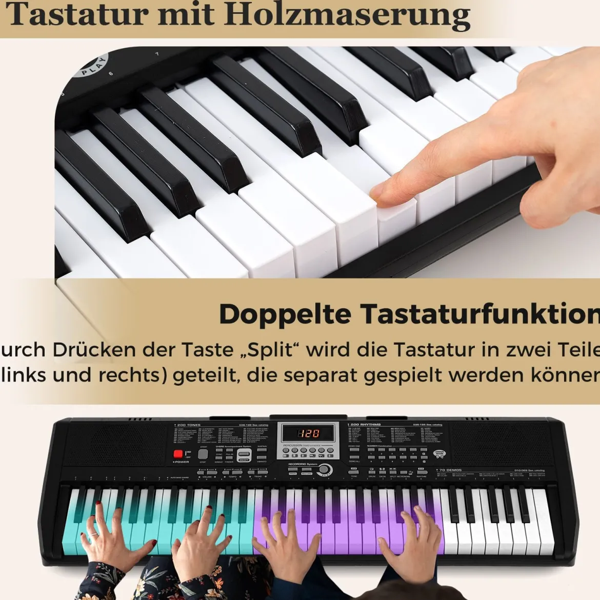 61 Tasten Tragbares Keyboard mit 200 Rhythmen & 200 Klangfarben Elektronisches Klavier Schwarz