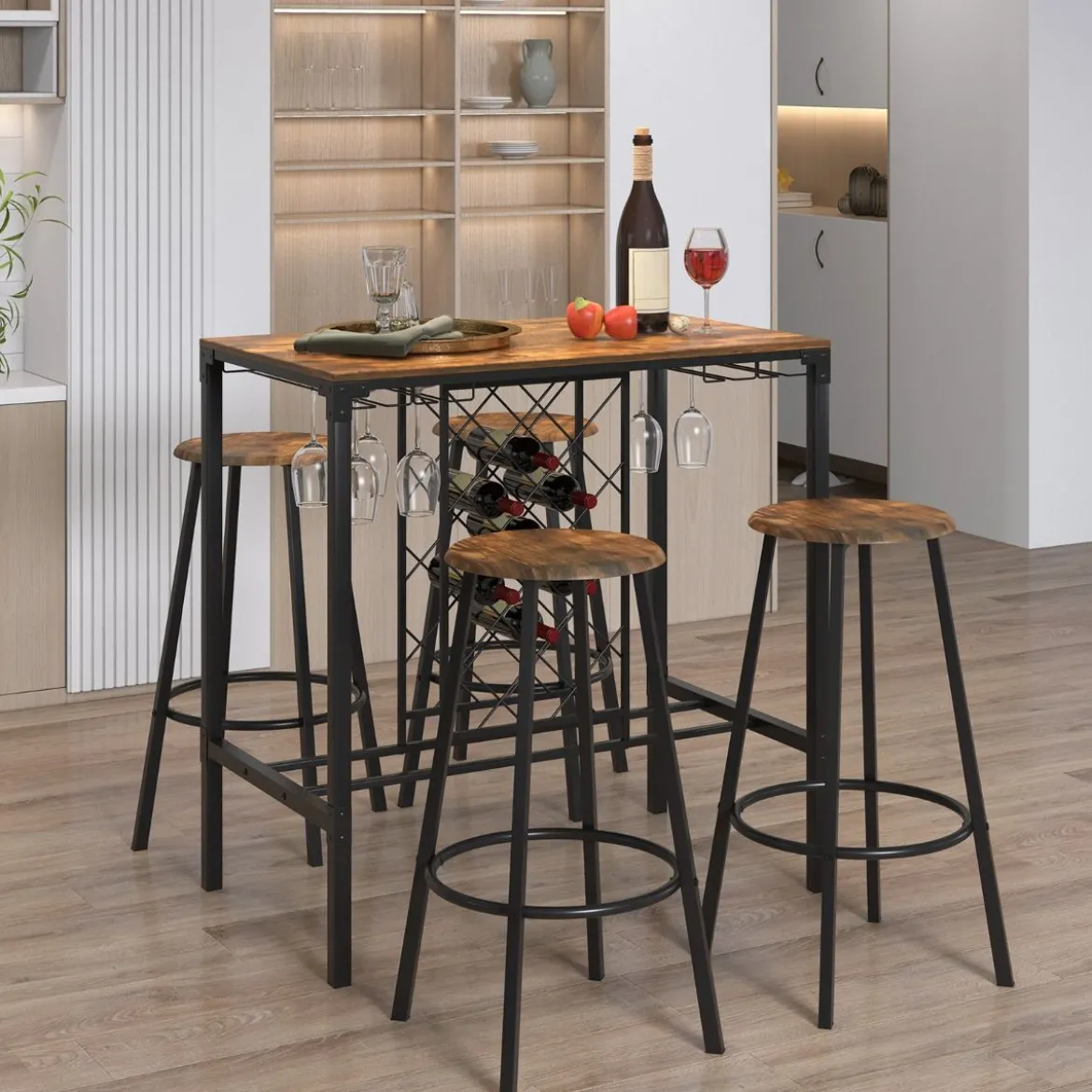 5-teilig Bartisch mit 4 Barhockern & Weinregal & Glashalterfür 4 Personen Retro-Braun