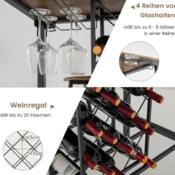 5-teilig Bartisch mit 4 Barhockern & Weinregal & Glashalterfür 4 Personen Retro-Braun
