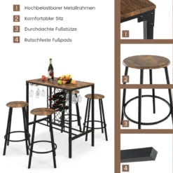 5-teilig Bartisch mit 4 Barhockern & Weinregal & Glashalterfür 4 Personen Retro-Braun