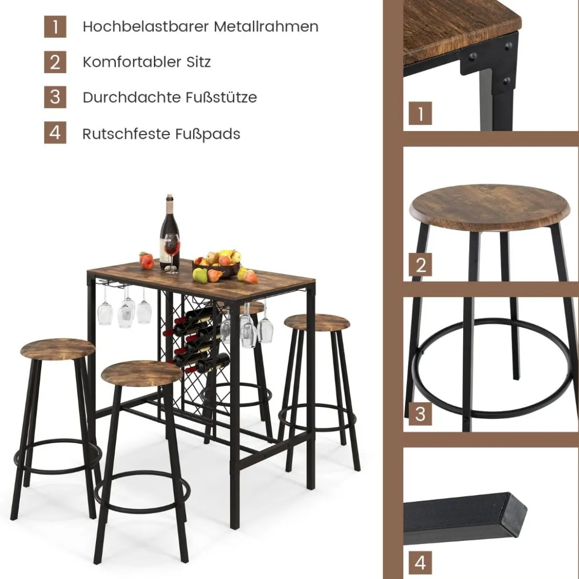 5-teilig Bartisch mit 4 Barhockern & Weinregal & Glashalterfür 4 Personen Retro-Braun