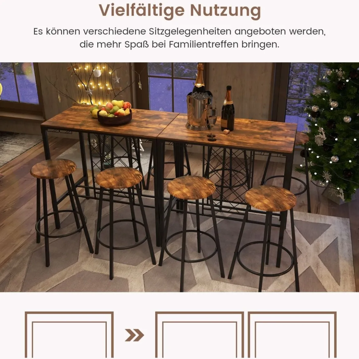 5-teilig Bartisch mit 4 Barhockern & Weinregal & Glashalterfür 4 Personen Retro-Braun