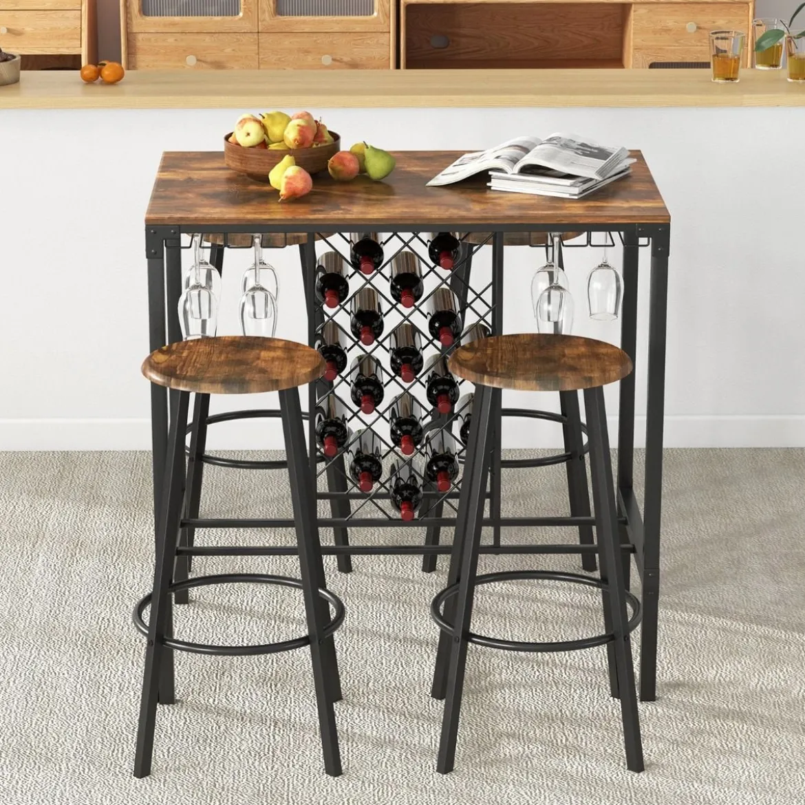 5-teilig Bartisch mit 4 Barhockern & Weinregal & Glashalterfür 4 Personen Retro-Braun