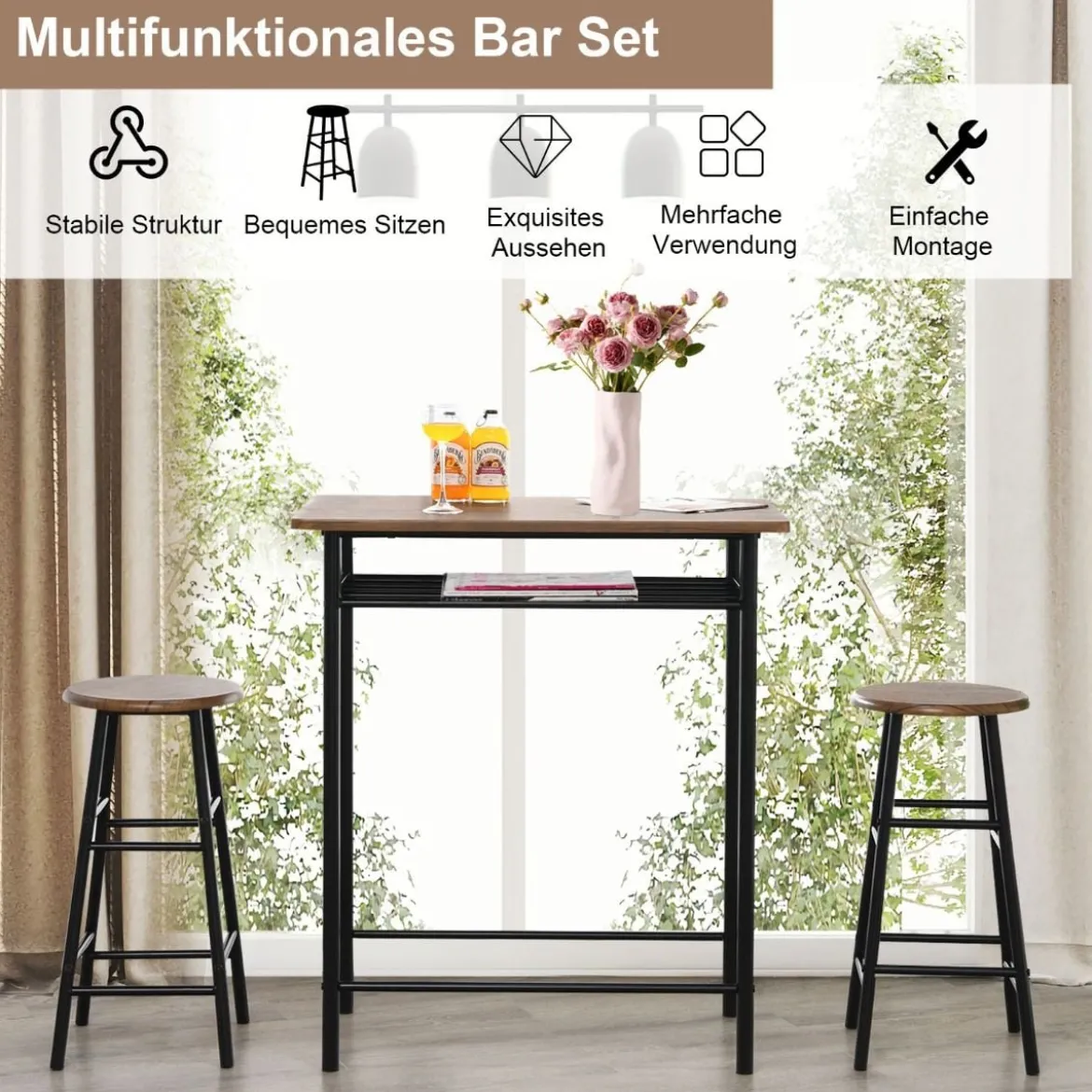3-teilig Bartisch mit 2 Barhockern Esstisch Holz Rechteckiges Set Braun