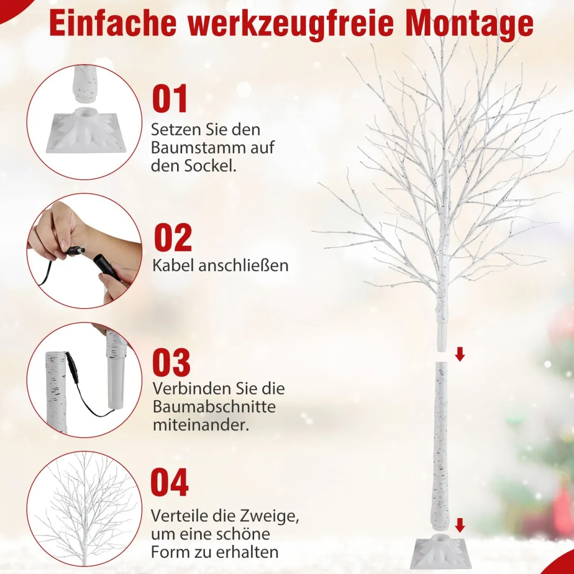 3-teilig Beleuchtetes Birkenbaum-Set 120/150/180cm vorgelichteter künstlicher Weihnachtsbaum Weiß