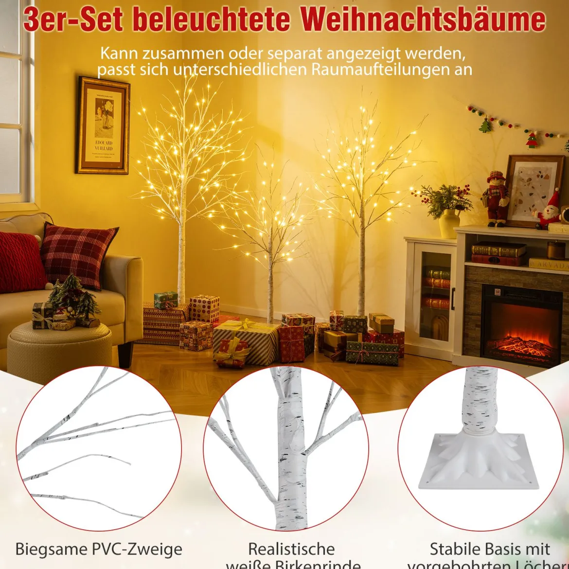 3-teilig Beleuchtetes Birkenbaum-Set 120/150/180cm vorgelichteter künstlicher Weihnachtsbaum Weiß