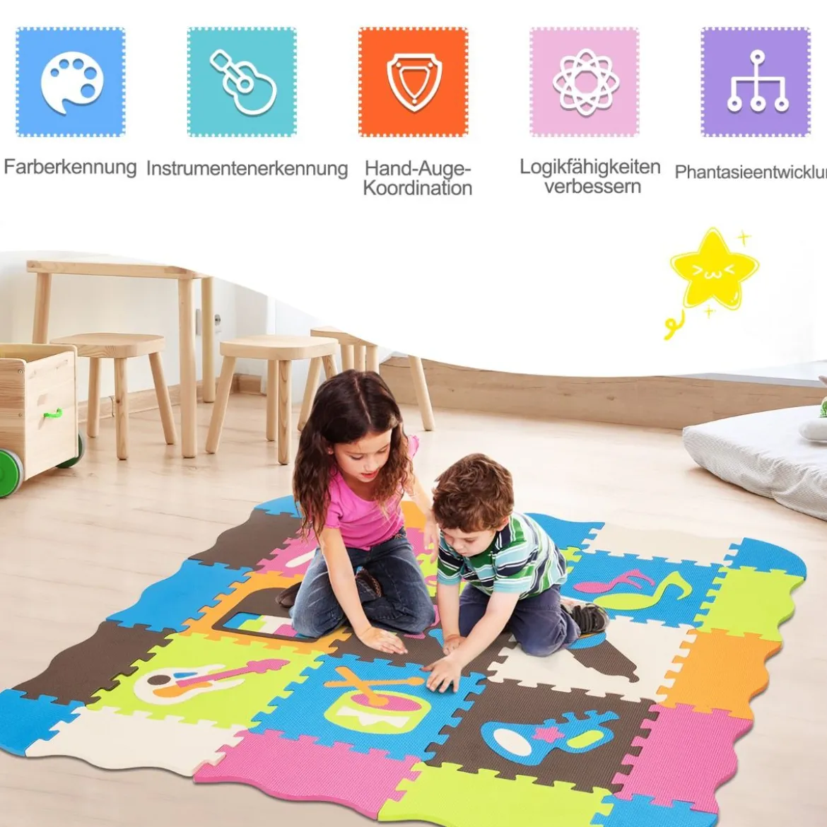 125-teilige Baby Spielmatte Baby EVA-Bodenmatte mit Zaun Puzzlematte 31,5 x 31,5 x 1 cm Bunt