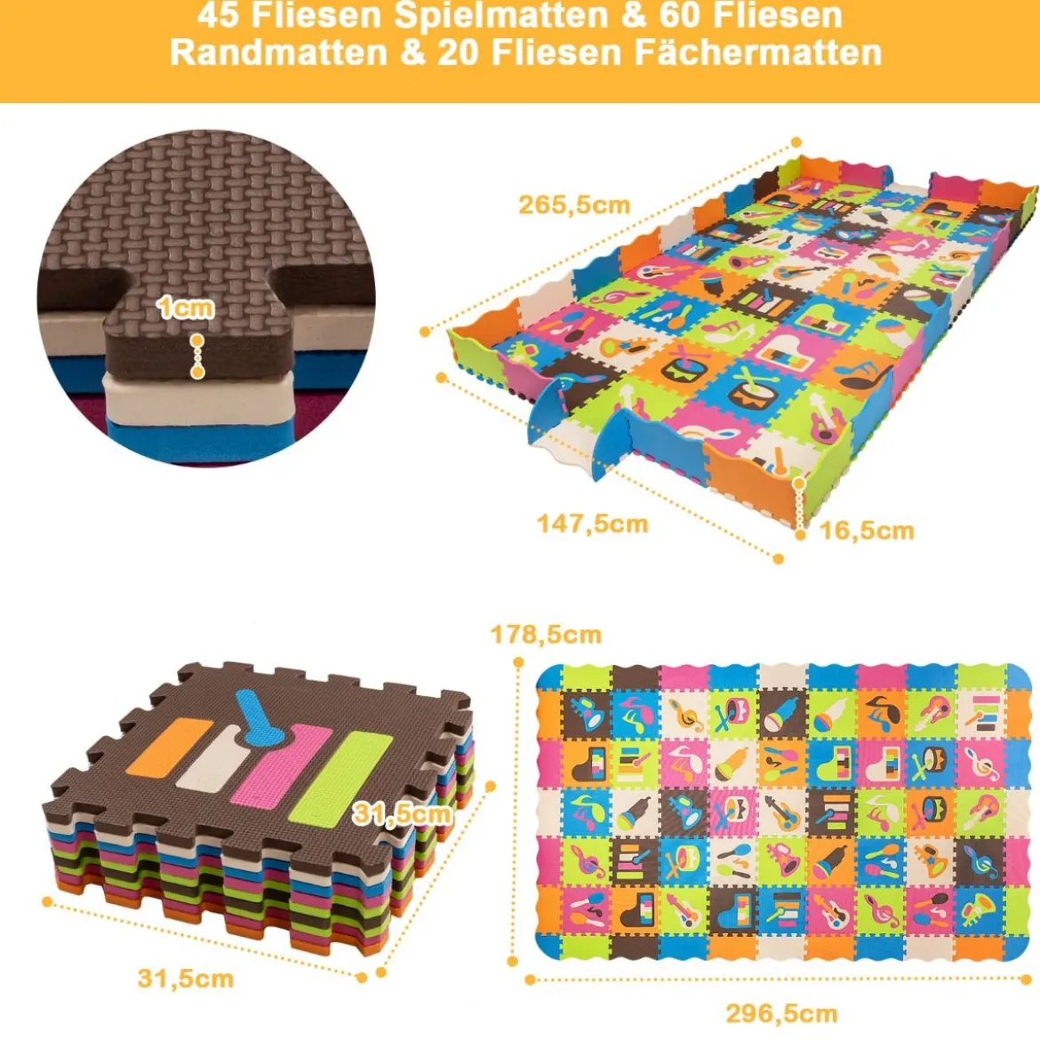 125-teilige Baby Spielmatte Baby EVA-Bodenmatte mit Zaun Puzzlematte 31,5 x 31,5 x 1 cm Bunt