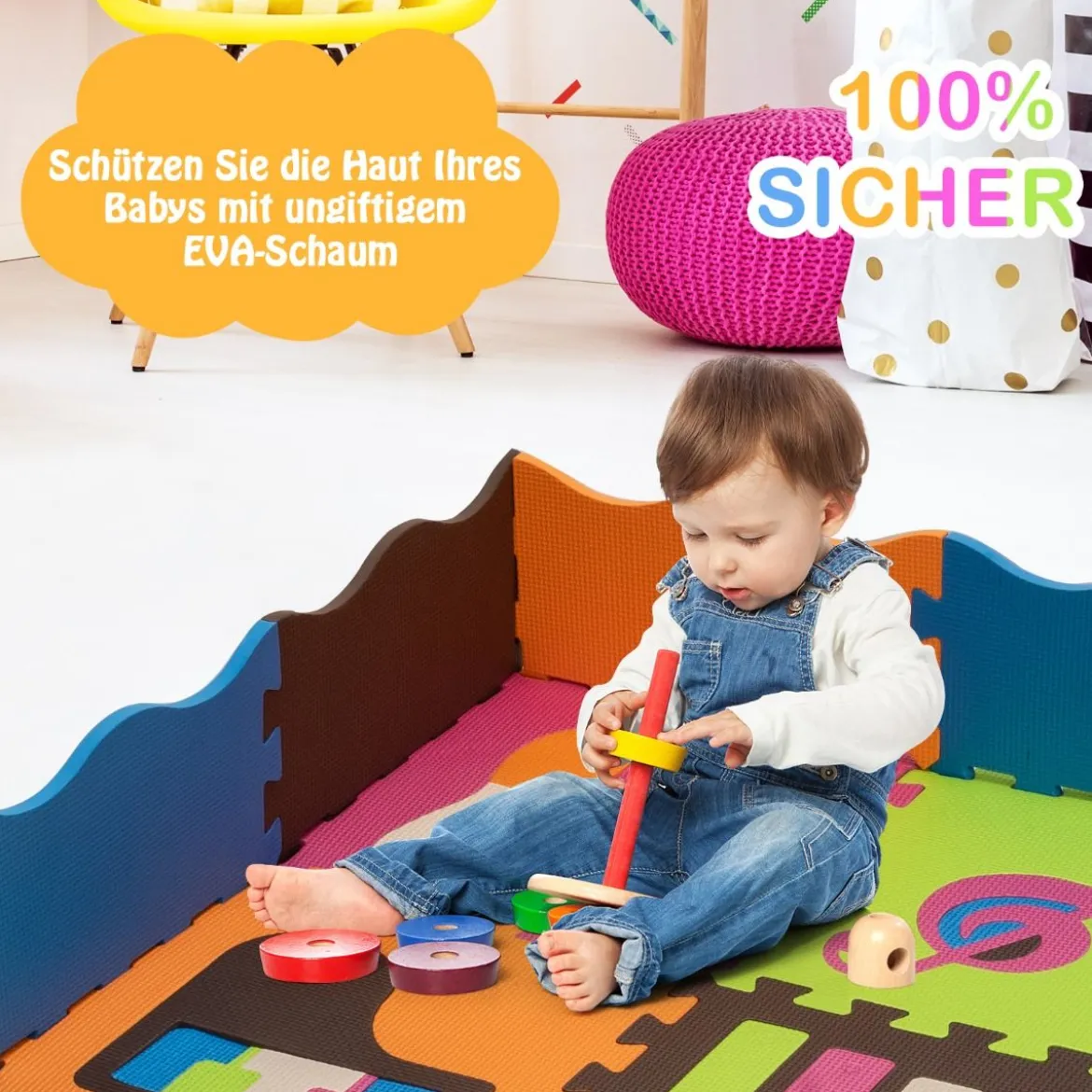 125-teilige Baby Spielmatte Baby EVA-Bodenmatte mit Zaun Puzzlematte 31,5 x 31,5 x 1 cm Bunt