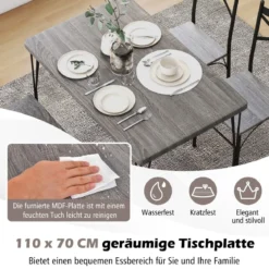 5-teilige Essgruppe für 4 Personen moderner rechteckiger Esstisch und 4 Esszimmerstühle Grau und Schwarz