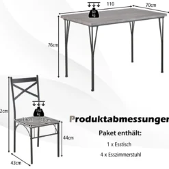 5-teilige Essgruppe für 4 Personen moderner rechteckiger Esstisch und 4 Esszimmerstühle Grau und Schwarz