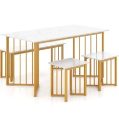 4-teilige Esszimmergruppe mit 2 Stühlen & Tisch & Bank Moderne Marmor Esstisch Set Weiß + Golden