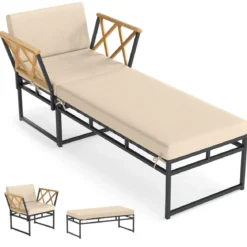 2-teilige Gartenmöbel Set Outdoor Liegestuhl mit Metallrahmen Kissen & Armlehnen aus Akazienholz Beige