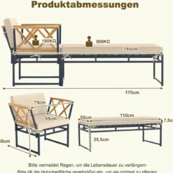 2-teilige Gartenmöbel Set Outdoor Liegestuhl mit Metallrahmen Kissen & Armlehnen aus Akazienholz Beige
