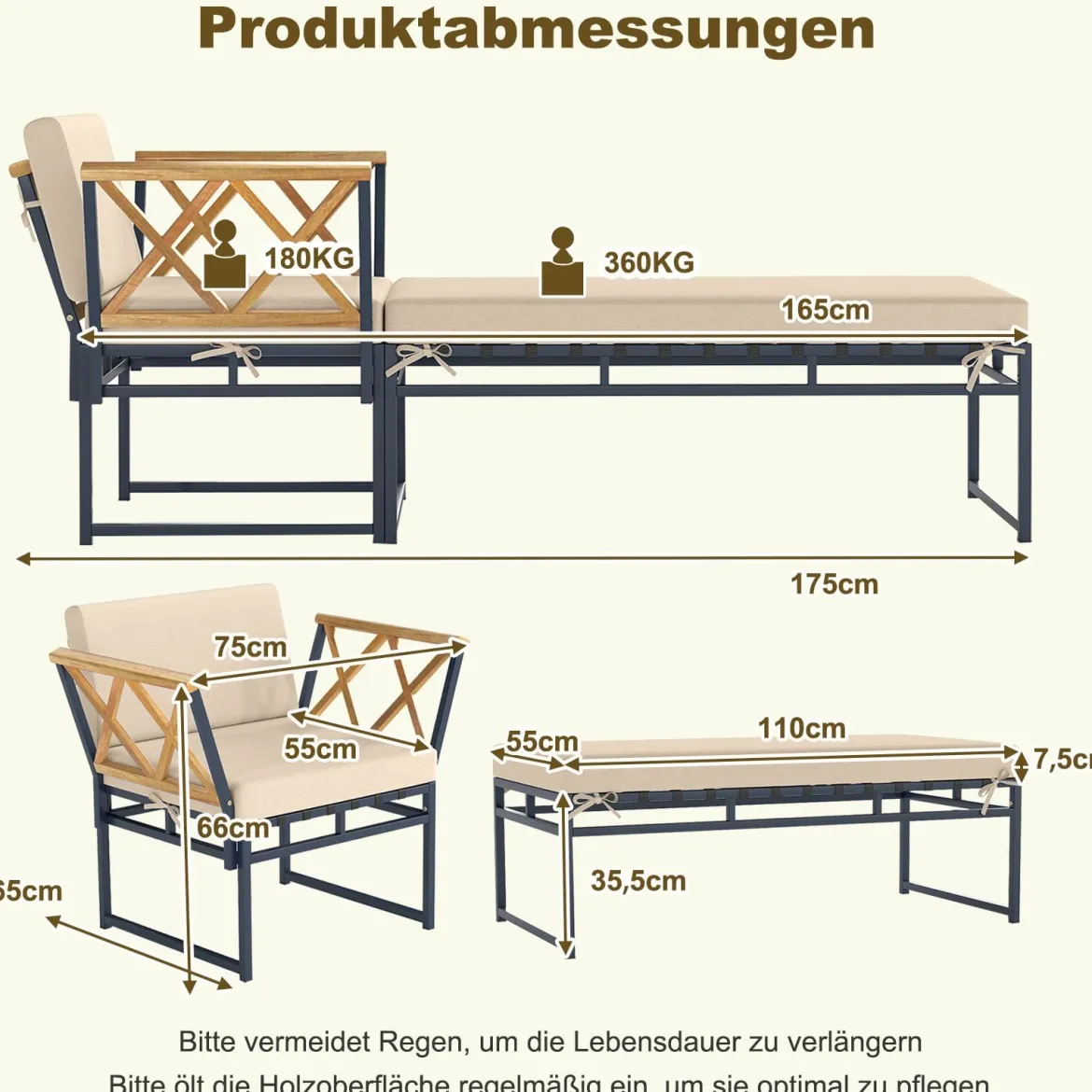 2-teilige Gartenmöbel Set Outdoor Liegestuhl mit Metallrahmen Kissen & Armlehnen aus Akazienholz Beige