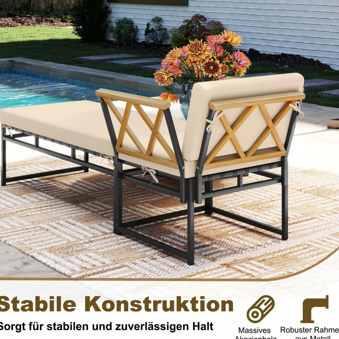 2-teilige Gartenmöbel Set Outdoor Liegestuhl mit Metallrahmen Kissen & Armlehnen aus Akazienholz Beige