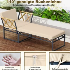 2-teilige Gartenmöbel Set Outdoor Liegestuhl mit Metallrahmen Kissen & Armlehnen aus Akazienholz Beige