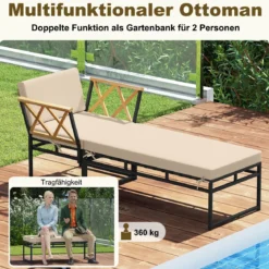 2-teilige Gartenmöbel Set Outdoor Liegestuhl mit Metallrahmen Kissen & Armlehnen aus Akazienholz Beige
