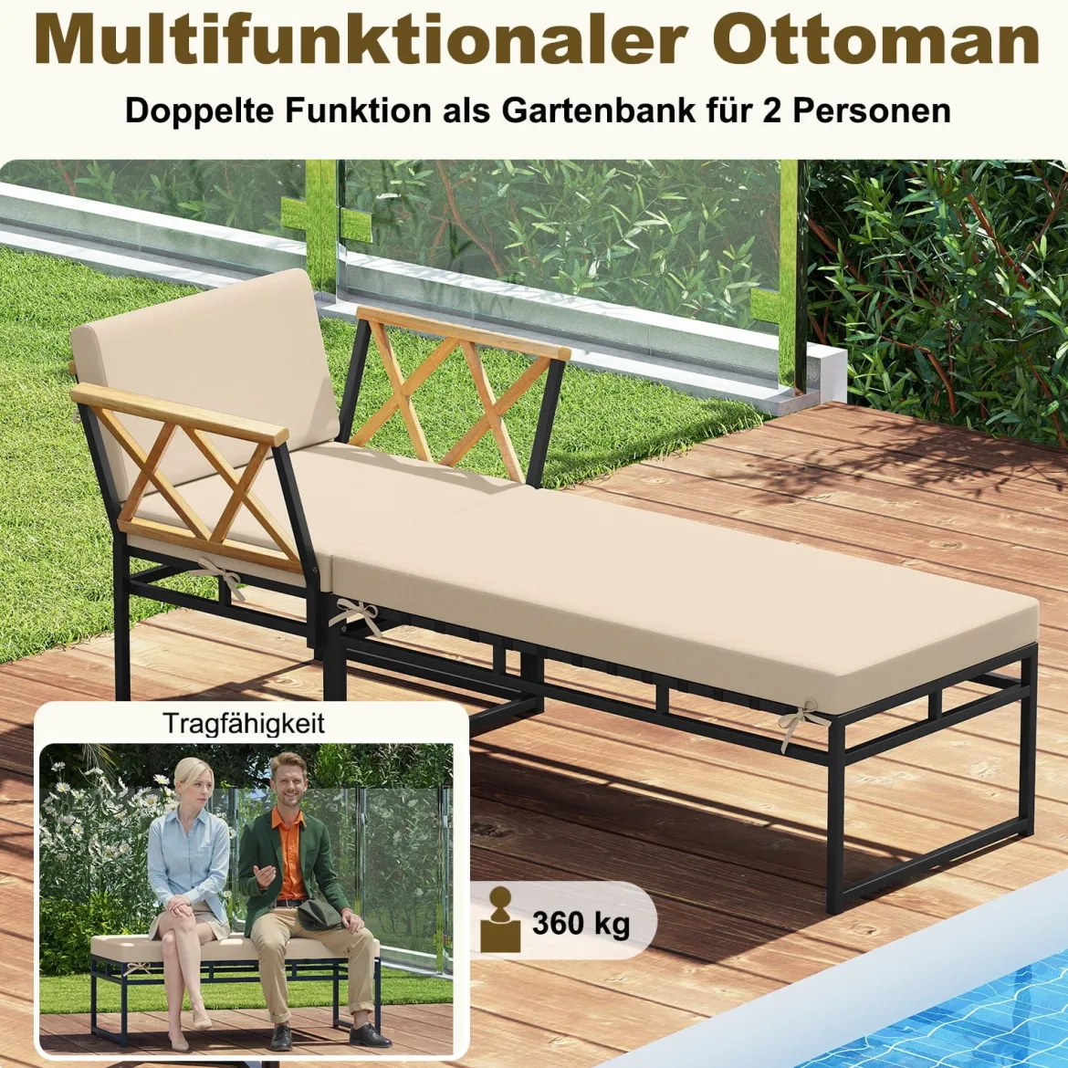 2-teilige Gartenmöbel Set Outdoor Liegestuhl mit Metallrahmen Kissen & Armlehnen aus Akazienholz Beige