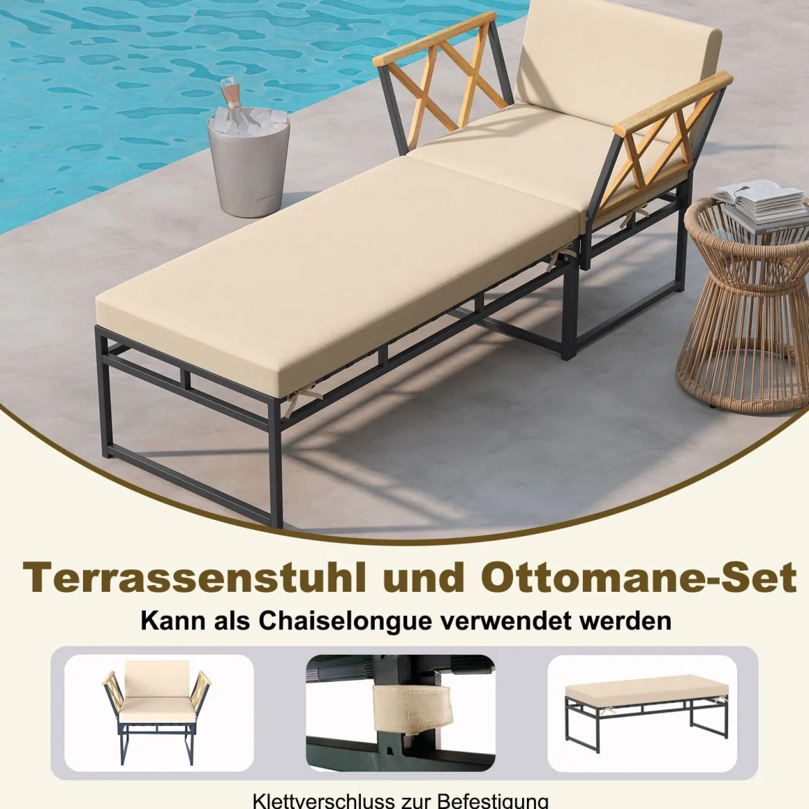2-teilige Gartenmöbel Set Outdoor Liegestuhl mit Metallrahmen Kissen & Armlehnen aus Akazienholz Beige