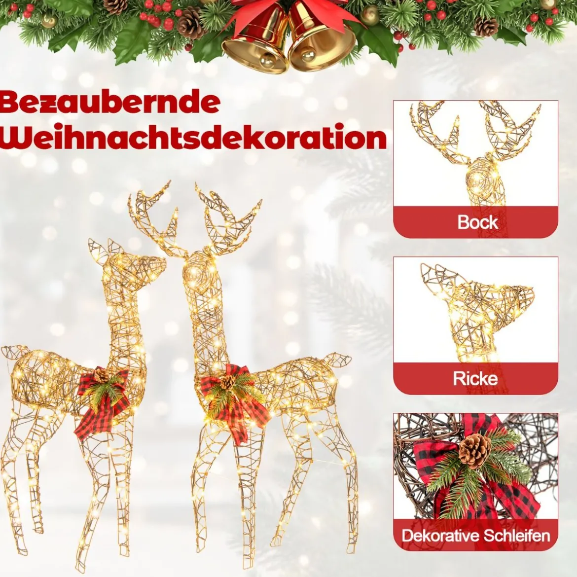 2-teilige LED Rentier Familie mit 200 LED-Lichtern Weihnachtsdeko Beleuchtetes Rentier