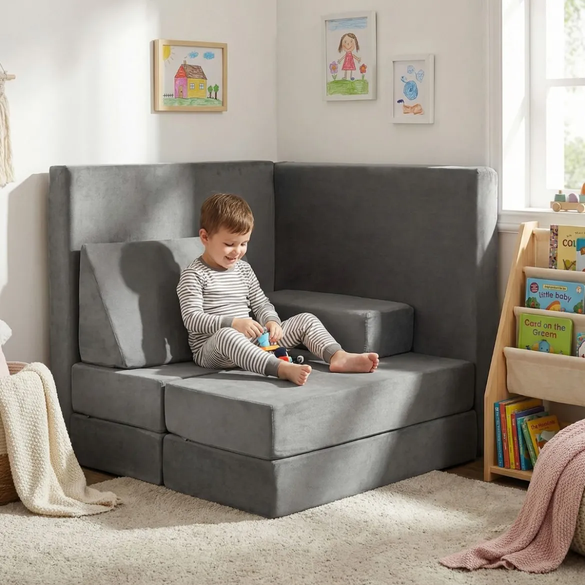 12-teilige modulares Kindersofa umwandelbares Spielsofa mit maschinenwaschbaren Bezügen Dunkelgrau