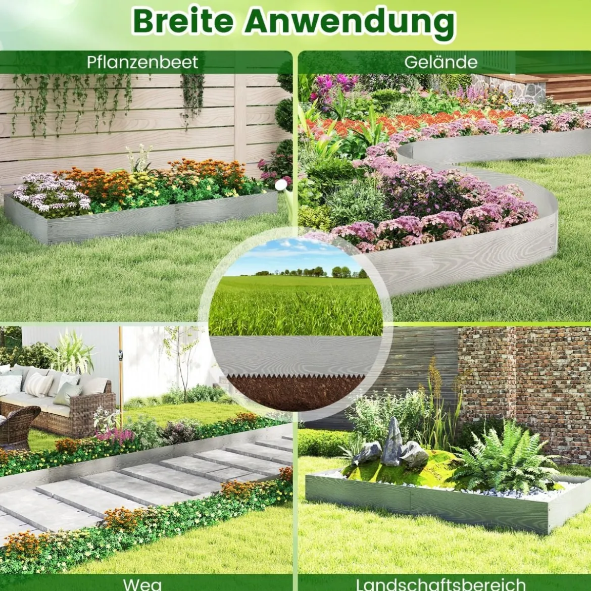 6-teilige Rasenkante aus Verzinkt Metall Mähkante Beetumrandung DIY Hochbeet Gartenbeet 110 x 22 cm