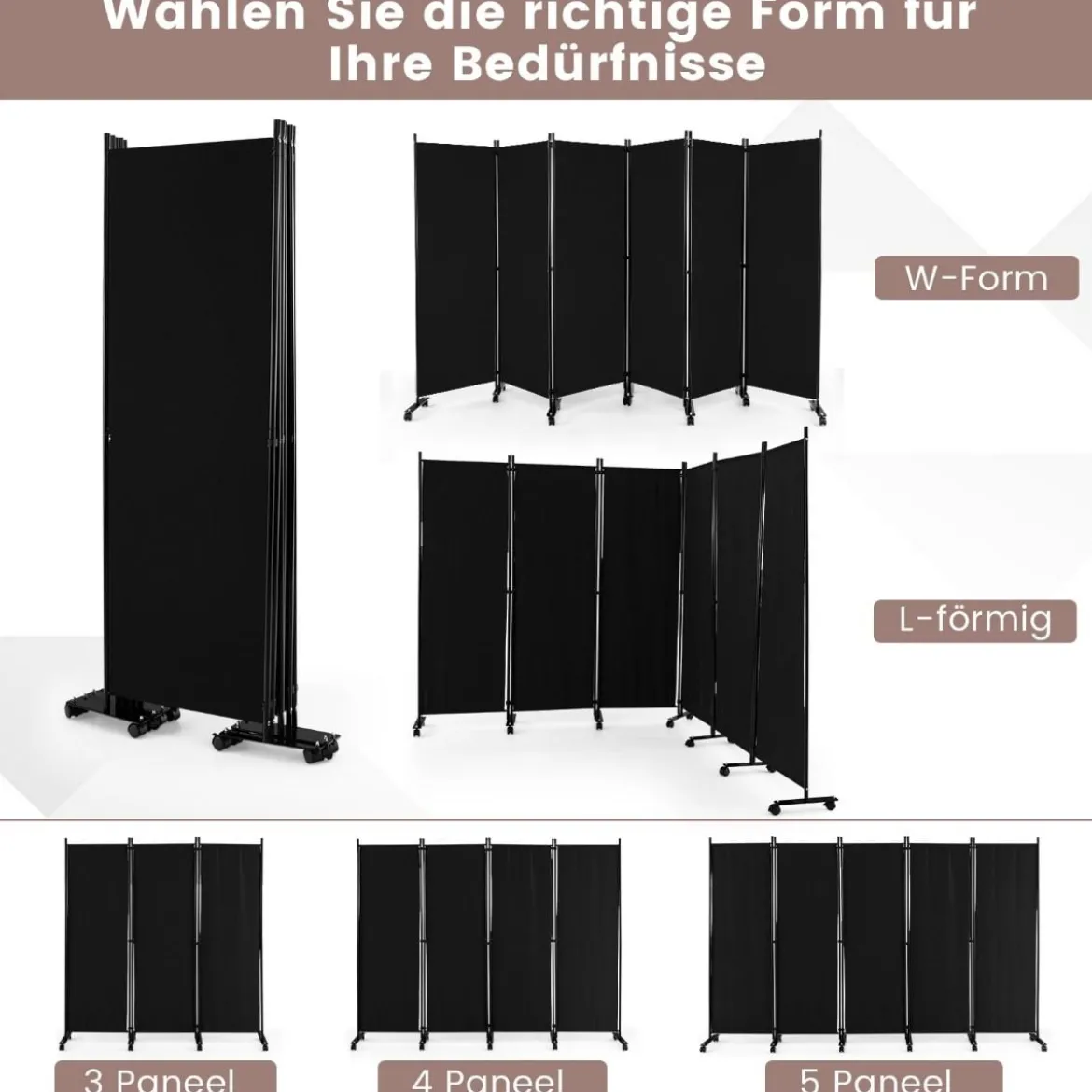 6-Teiliger Faltbarer Raumteiler 172 cm Hoher Sichtschutz mit Feststellbaren Rädern Schwarz