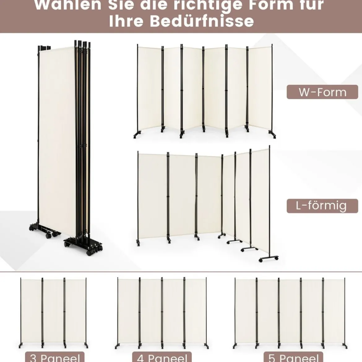 6-Teiliger Faltbarer Raumteiler 172 cm Hoher Sichtschutz mit Feststellbaren Rädern Beige
