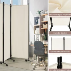 6-Teiliger Faltbarer Raumteiler 172 cm Hoher Sichtschutz mit Feststellbaren Rädern Beige