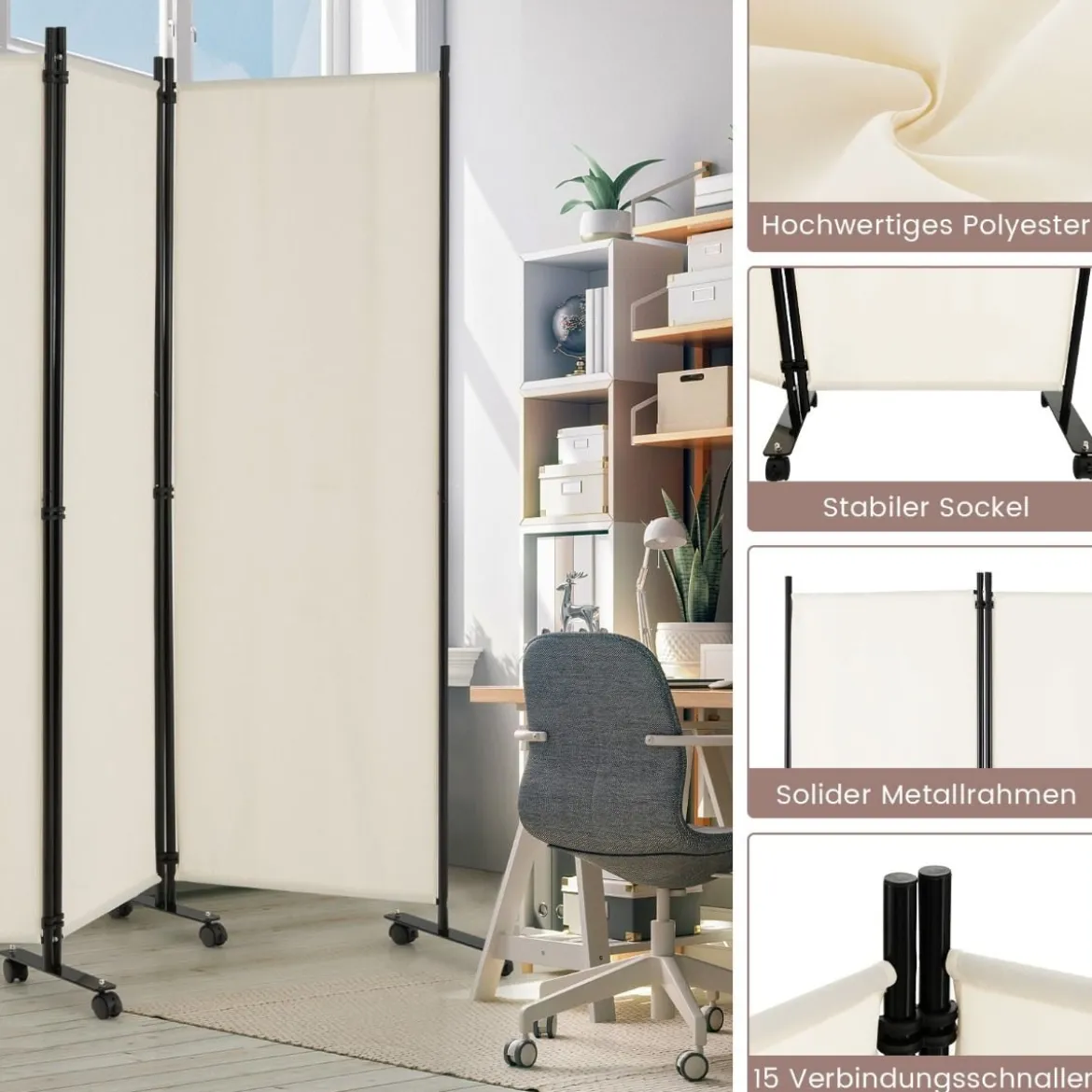 6-Teiliger Faltbarer Raumteiler 172 cm Hoher Sichtschutz mit Feststellbaren Rädern Beige