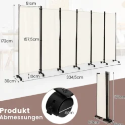 6-Teiliger Faltbarer Raumteiler 172 cm Hoher Sichtschutz mit Feststellbaren Rädern Beige