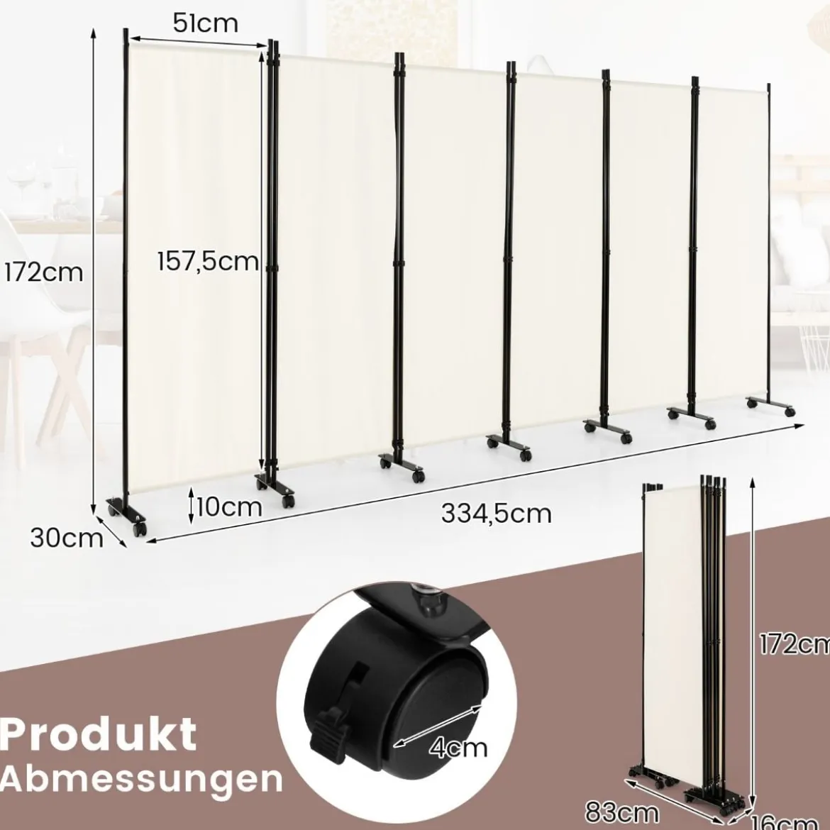 6-Teiliger Faltbarer Raumteiler 172 cm Hoher Sichtschutz mit Feststellbaren Rädern Beige