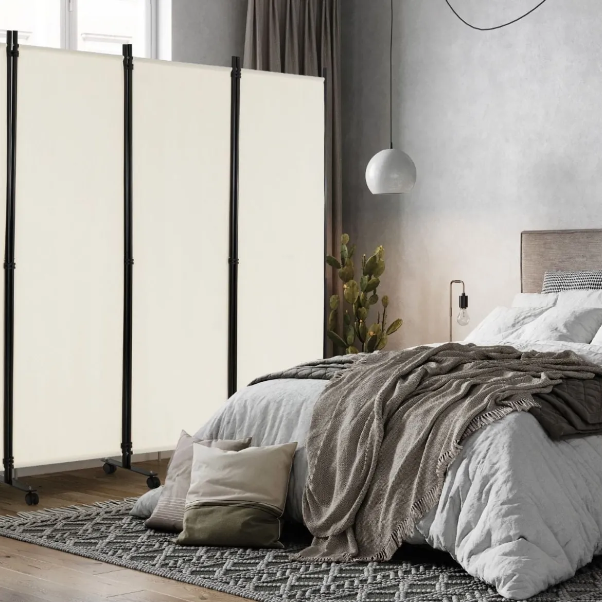 6-Teiliger Faltbarer Raumteiler 172 cm Hoher Sichtschutz mit Feststellbaren Rädern Beige