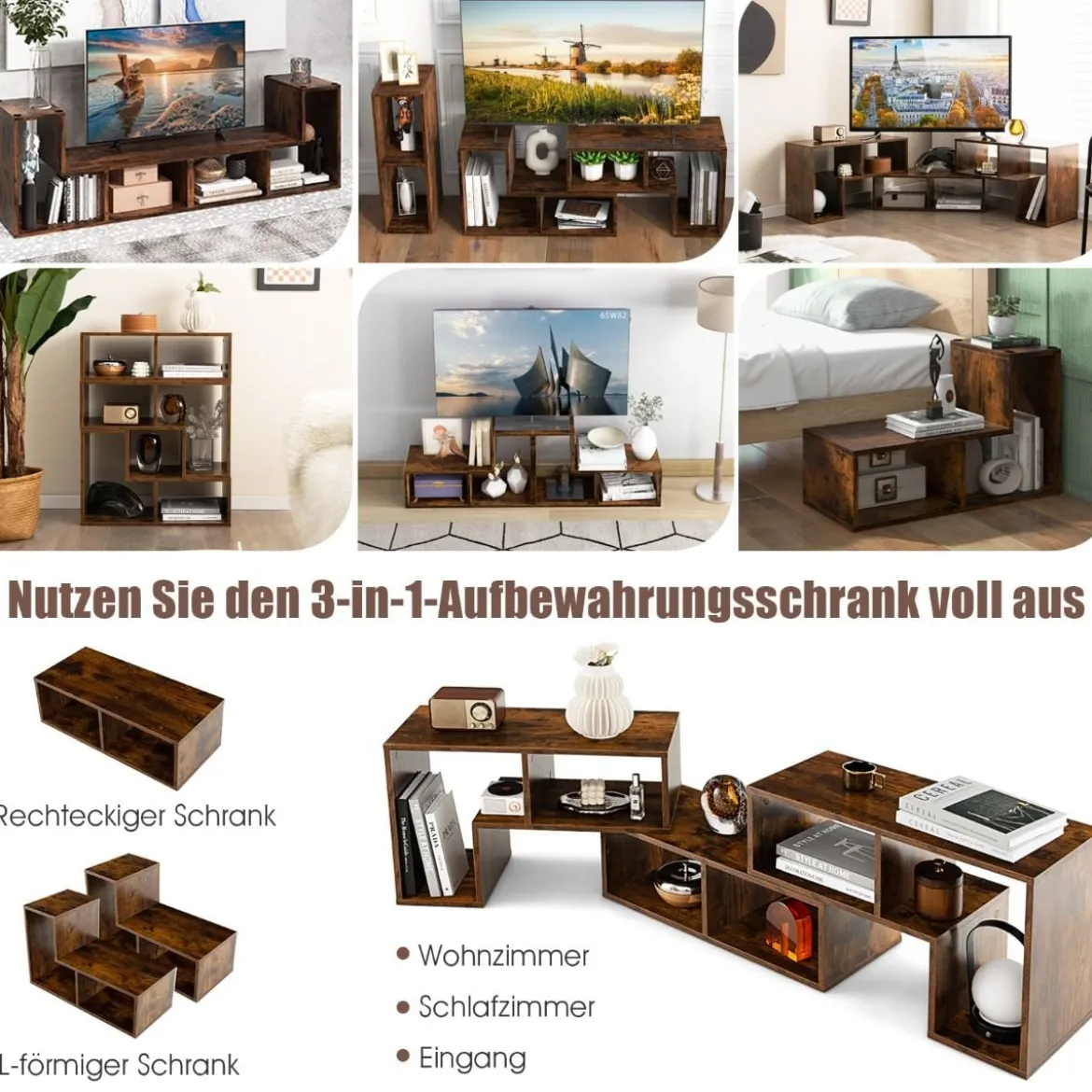 3-teiliger Fernsehschrank aus Holz für TVs bis zu 65" Frei Kombinierbarer Fernsehtisch