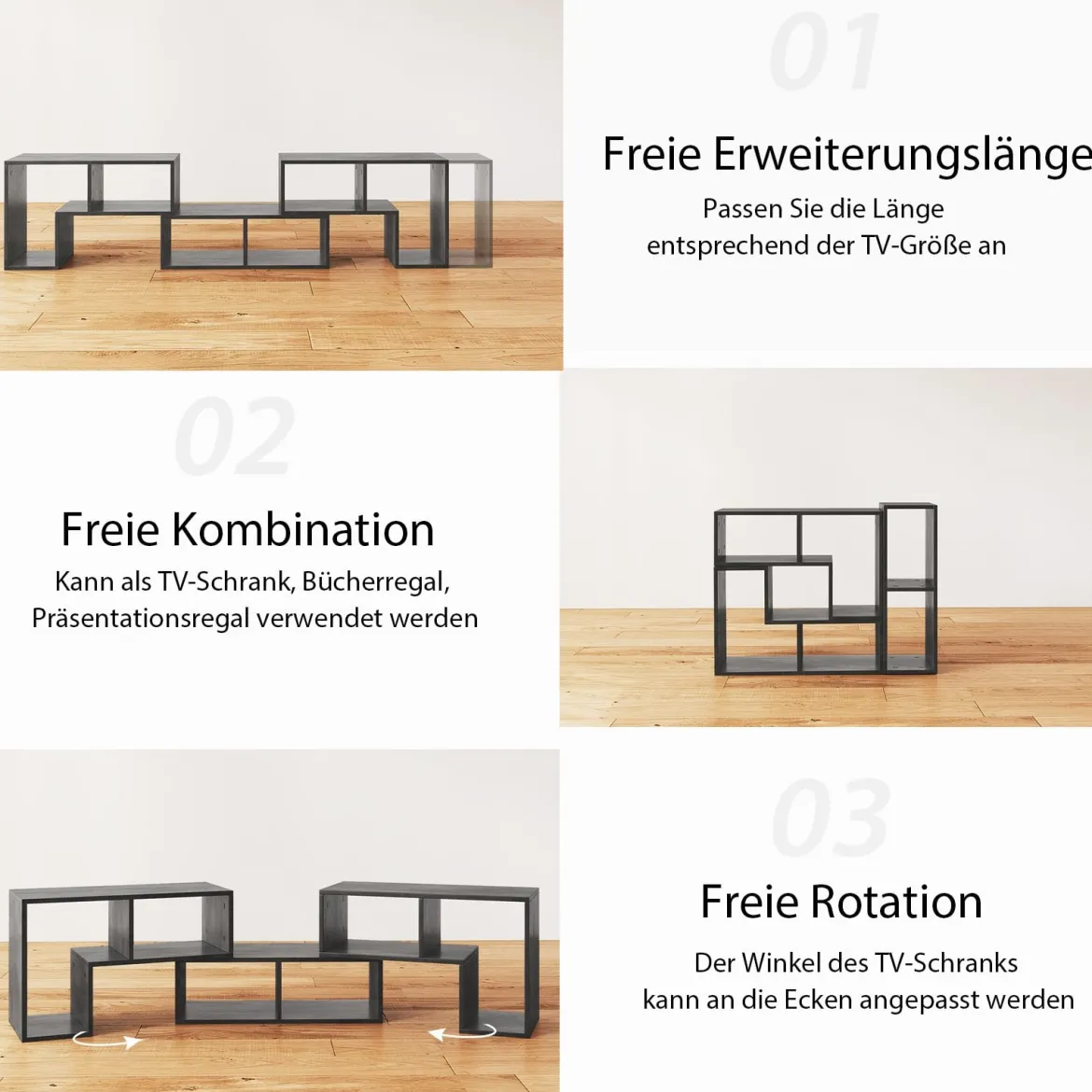 3-teiliger Fernsehschrank aus Holz für TVs bis zu 65" Frei Kombinierbarer Fernsehtisch
