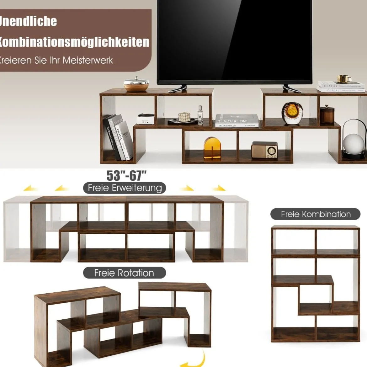 3-teiliger Fernsehschrank aus Holz für TVs bis zu 65" Frei Kombinierbarer Fernsehtisch