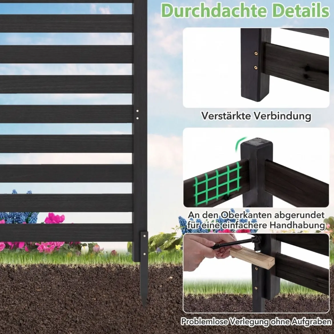 2-teiliger Gartenzaun mit Holzpfählen Sichtschutzzaun Dekorativer Steckzaun Schwarz