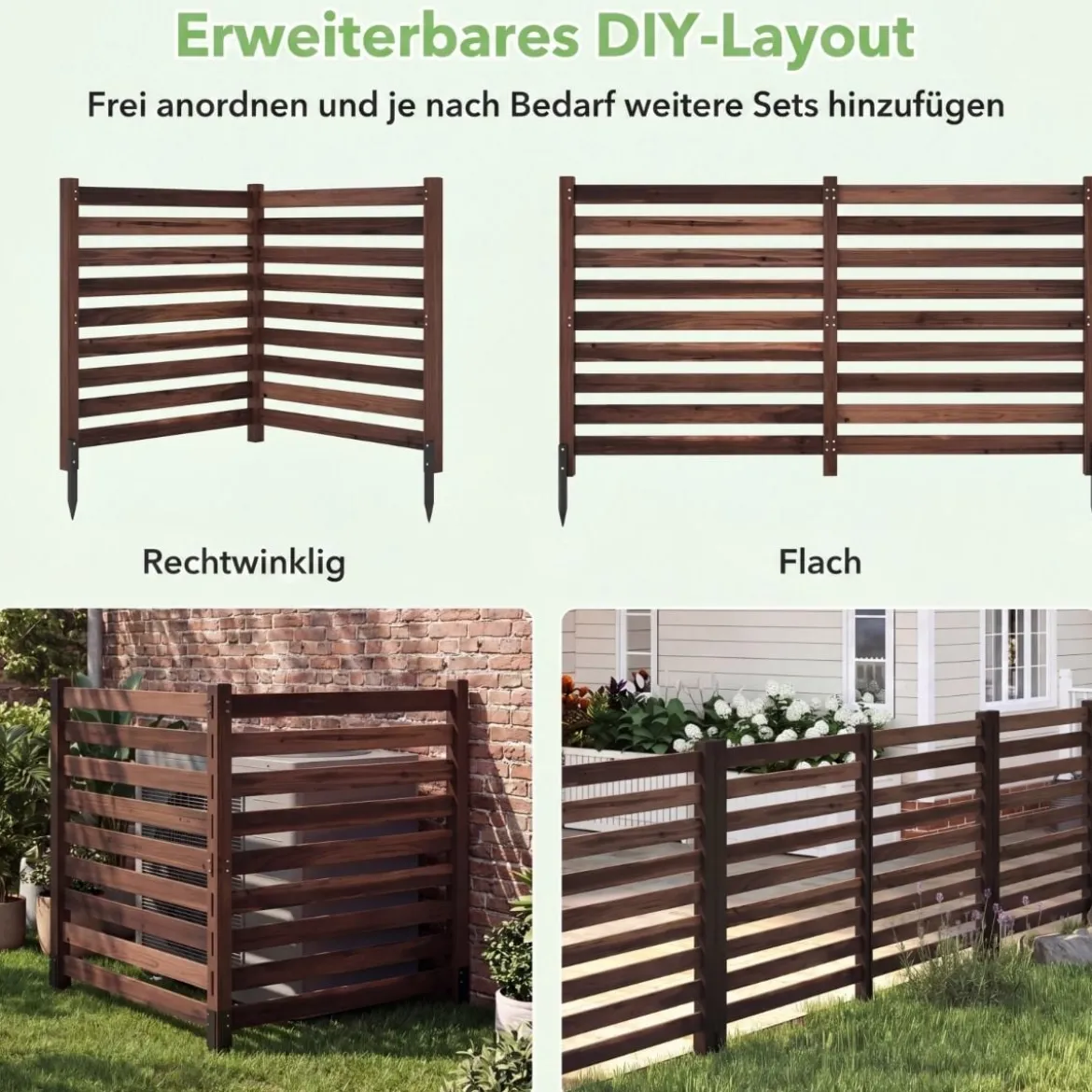 2-teiliger Gartenzaun mit Holzpfählen Sichtschutzzaun Dekorativer Steckzaun Braun
