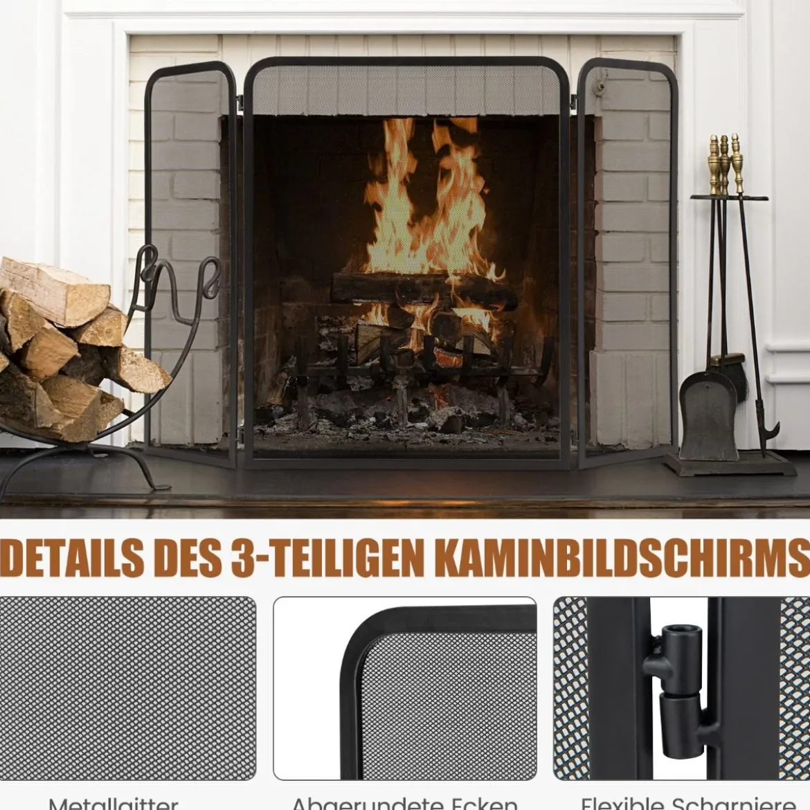 3-teiliger Kaminschutz Funkenschutz aus schmiedeeisernem Metallgeflecht mit flexiblen Scharnieren