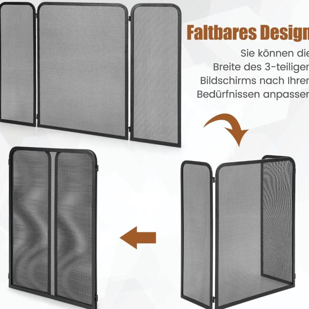 3-teiliger Kaminschutz Funkenschutz aus schmiedeeisernem Metallgeflecht mit flexiblen Scharnieren