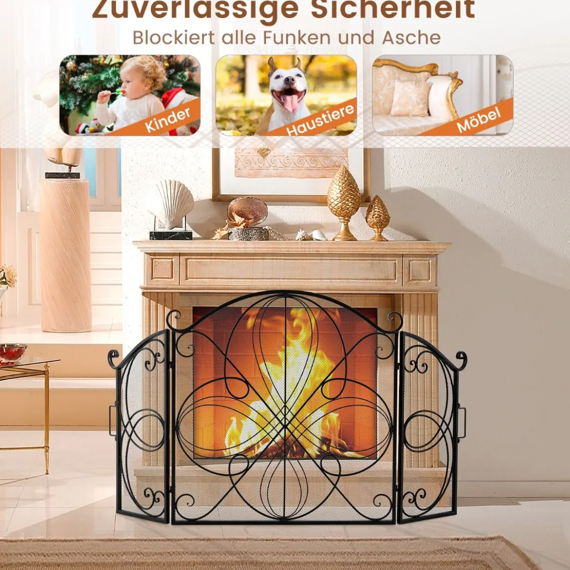 3-teiliger klappbarer Funkenschutz mit Blumenmuster dekorative Kaminbarriere aus Drahtgeflecht robuster 151 x 83 cm