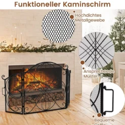 3-teiliger klappbarer Funkenschutz mit Blumenmuster dekorative Kaminbarriere aus Drahtgeflecht robuster 151 x 83 cm