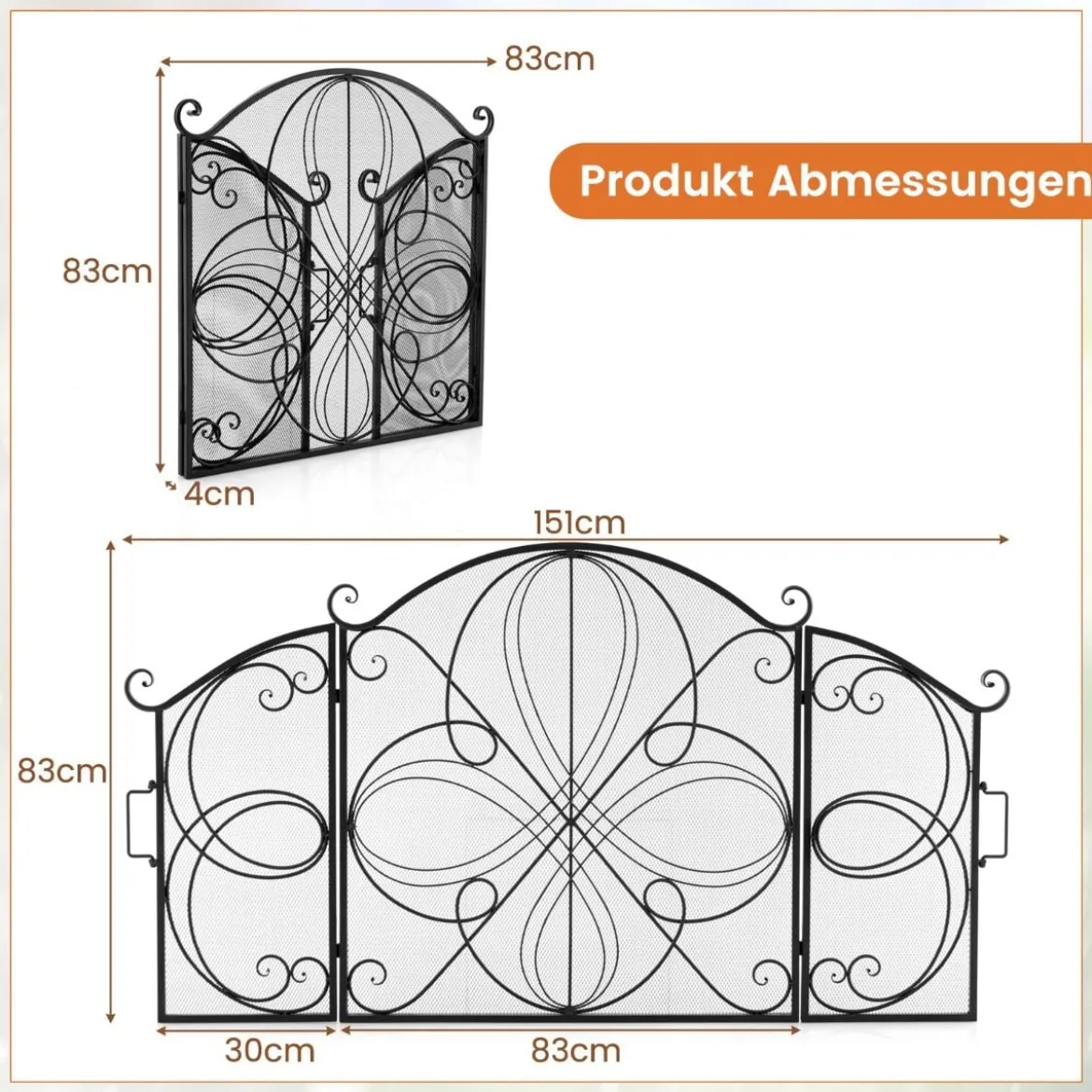 3-teiliger klappbarer Funkenschutz mit Blumenmuster dekorative Kaminbarriere aus Drahtgeflecht robuster 151 x 83 cm