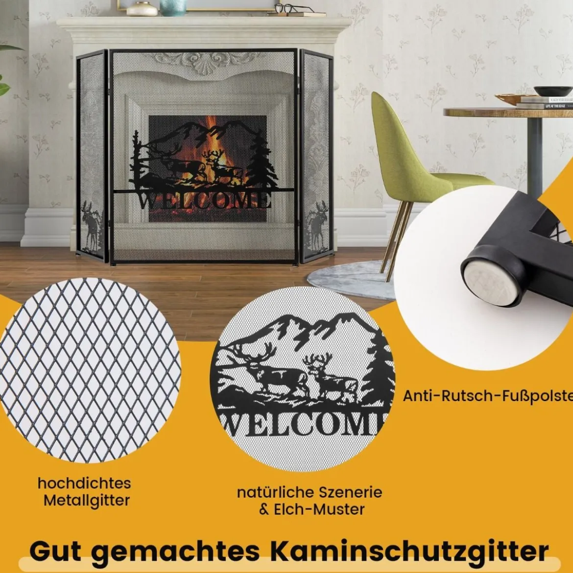 3-teiliger klappbarer Funkenschutz mit dekorative Kaminbarriere aus Drahtgeflecht Elchmuster