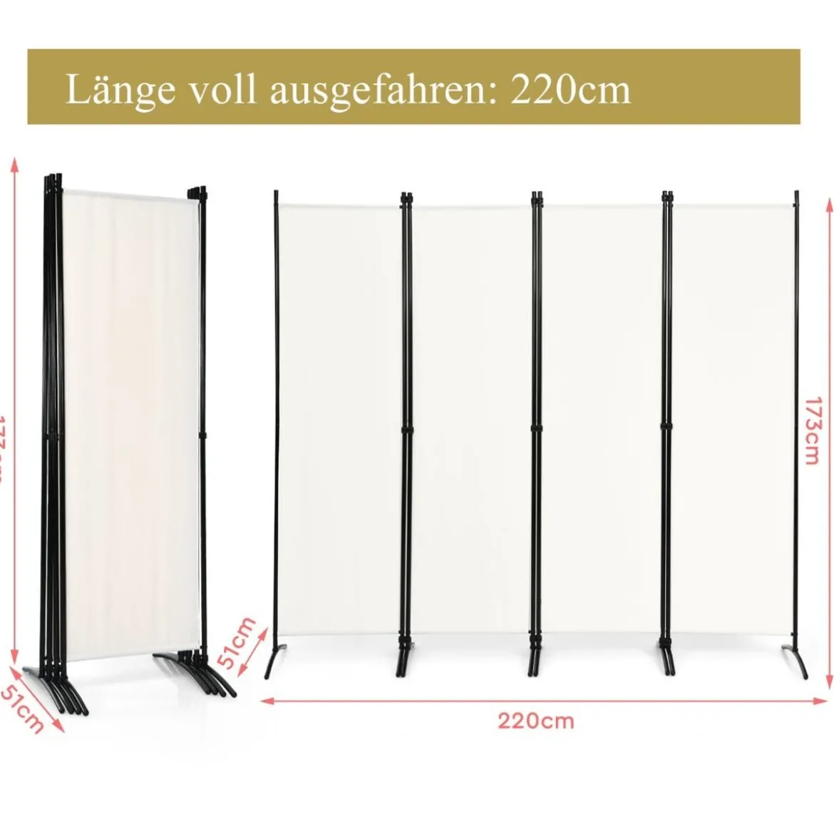 4-teiliger Klappbarer Trennwand Sichtschutz für Zuhause Büro 220 x 51 x 173 cm Weiß