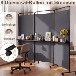 3-teiliger Raumteiler auf Rollen Faltbarer Paravent Sichtschutzwand mit 3 Regalböden Weiß/Schwarz/Grau