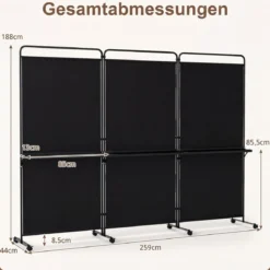 3-teiliger Raumteiler auf Rollen Faltbarer Paravent Sichtschutzwand mit 3 Regalböden Weiß/Schwarz/Grau